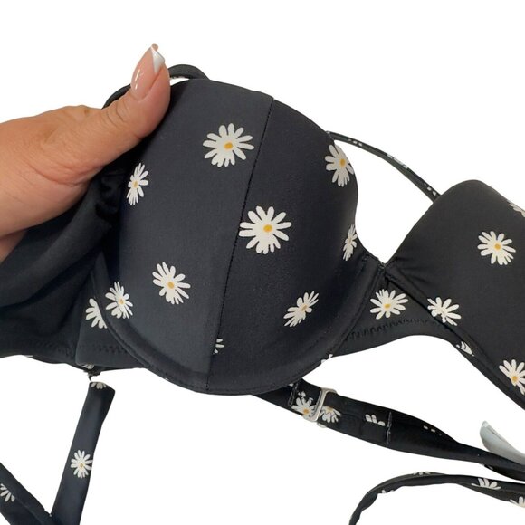 Old Navy Black Bikini Top Daisy Flowers Women SZ Small -Halter And Around Strap - Picture 4 of 10